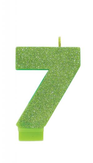 #7 Kiwi Green Glitter Birthday Candle