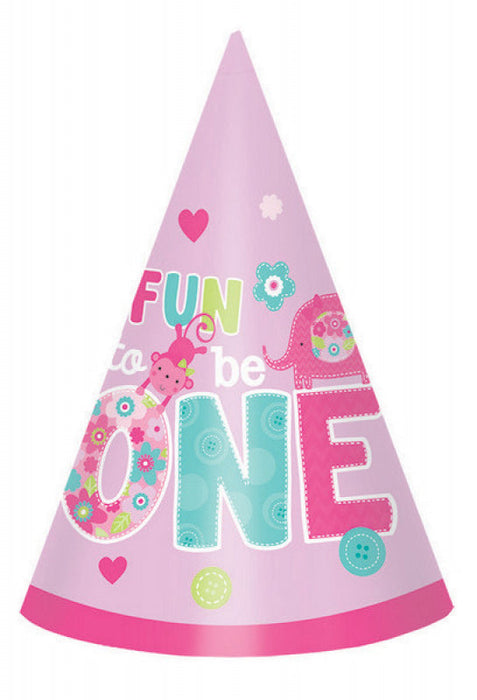 One Wild Animal Pink Paper Birthday Cone Hats