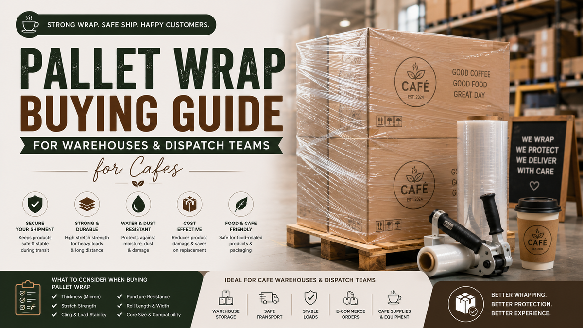 Pallet wrap used to secure boxed cafe products for warehouse storage and transport.