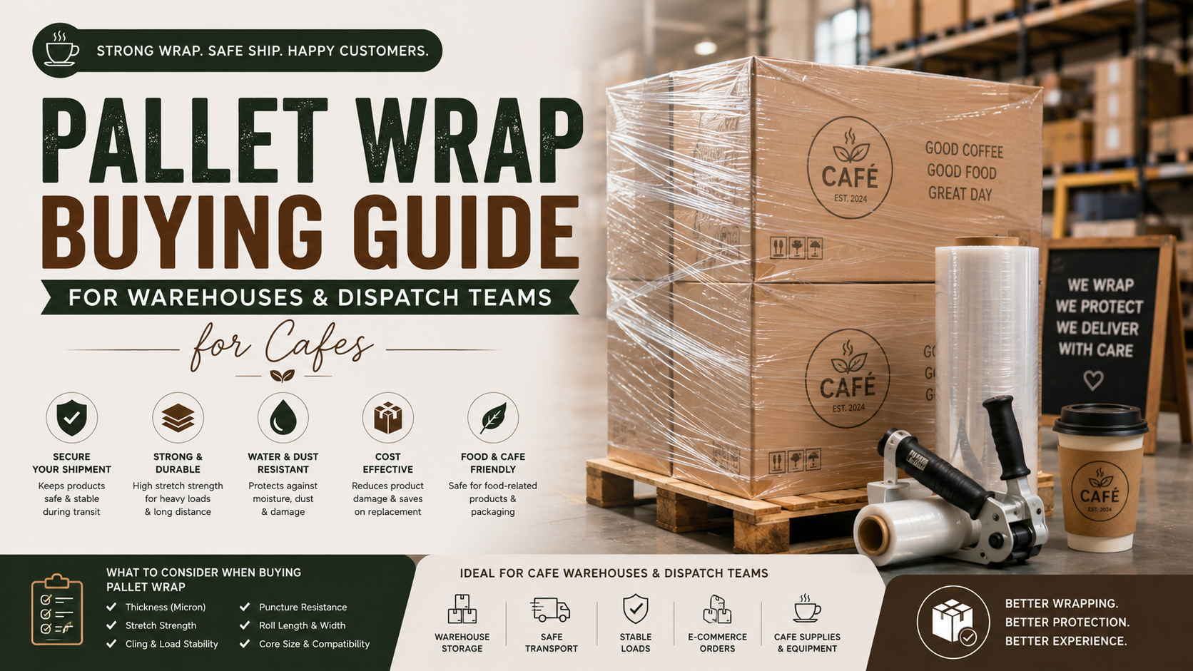 Pallet wrap used to secure boxed cafe products for warehouse storage and transport.