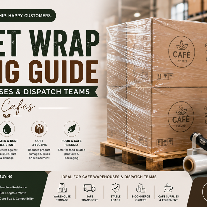 Pallet wrap used to secure boxed cafe products for warehouse storage and transport.