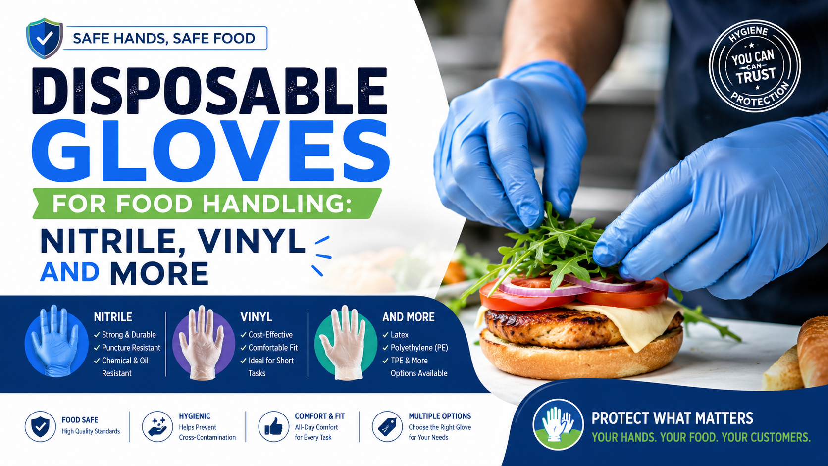 Disposable gloves for food handling with nitrile, vinyl, and food-safe hygiene protection.