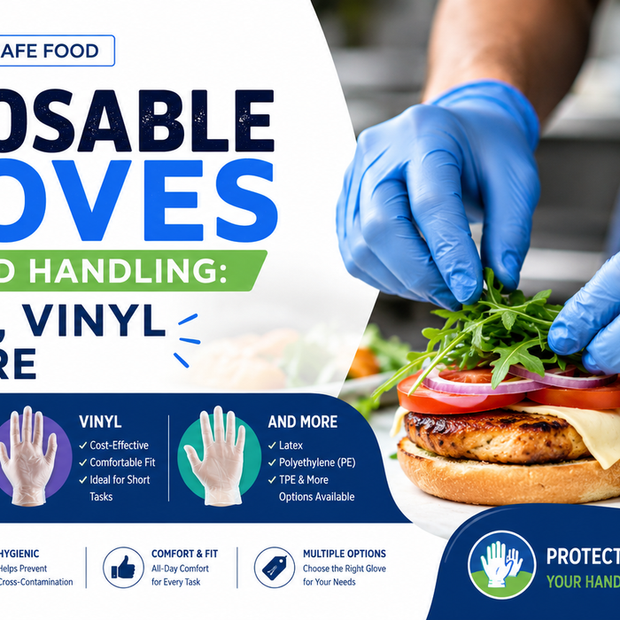 Disposable gloves for food handling with nitrile, vinyl, and food-safe hygiene protection.