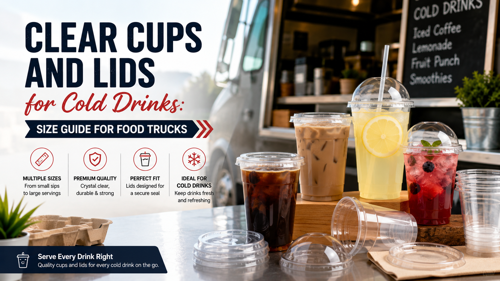 Assorted clear plastic cups with flat and dome lids for iced coffee, smoothies, and cold beverages.
