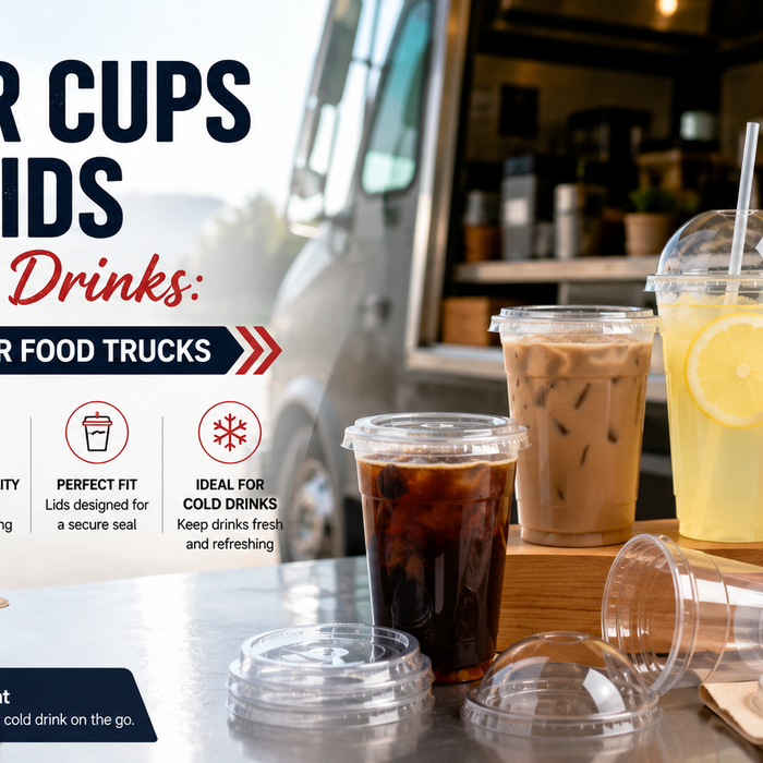 Assorted clear plastic cups with flat and dome lids for iced coffee, smoothies, and cold beverages.