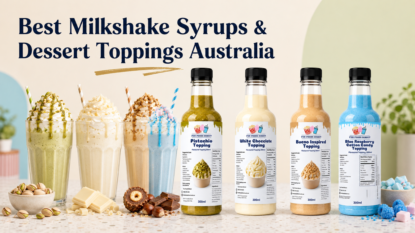 Milkshakes with pistachio, white chocolate, Bueno inspired and blue raspberry dessert toppings in Australia