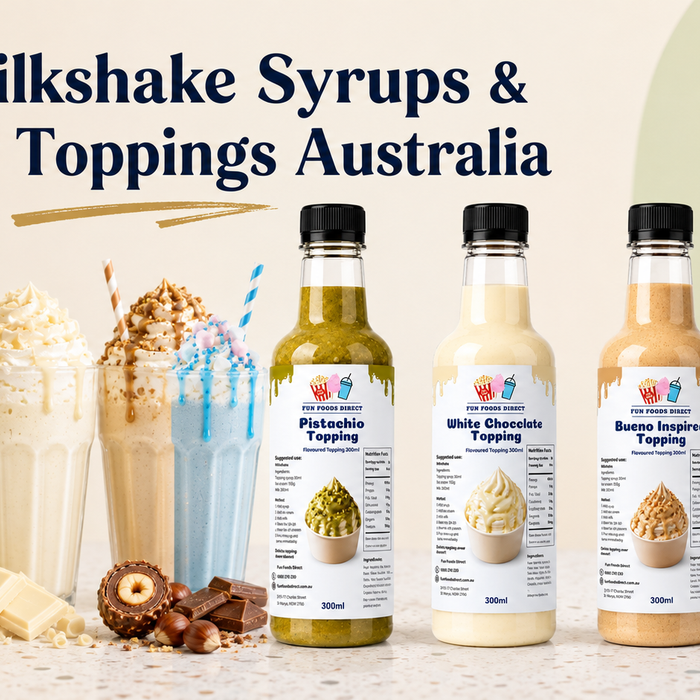 Milkshakes with pistachio, white chocolate, Bueno inspired and blue raspberry dessert toppings in Australia