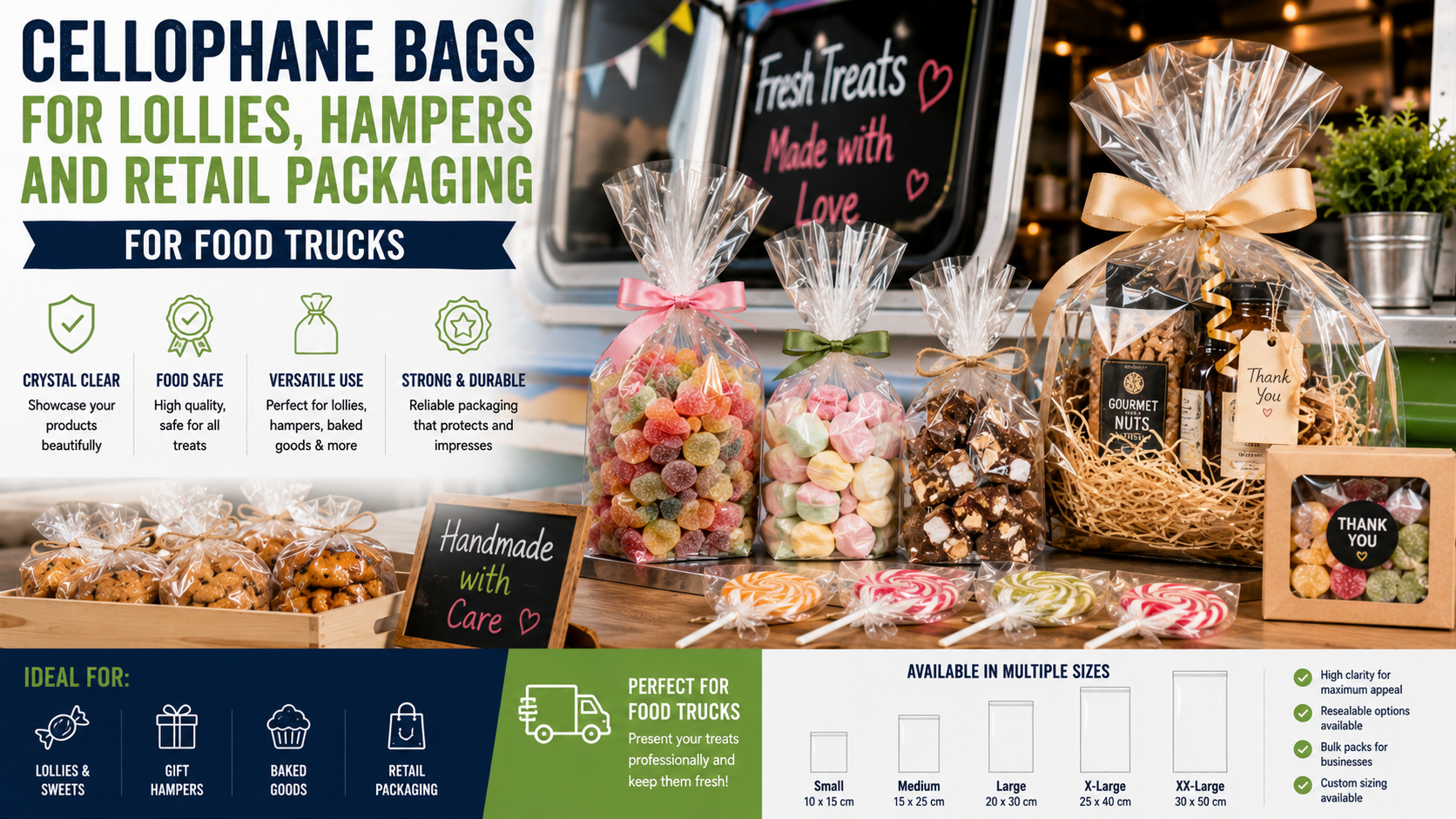 Clear cellophane bags filled with colourful lollies, gourmet treats, gift hampers, popcorn, and retail food products displayed at a food truck, showcasing professional packaging solutions.