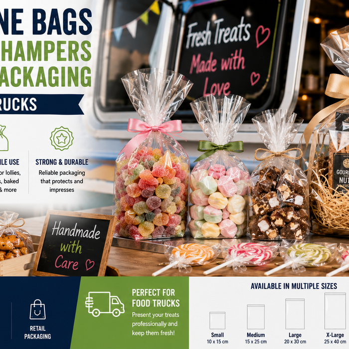 Clear cellophane bags filled with colourful lollies, gourmet treats, gift hampers, popcorn, and retail food products displayed at a food truck, showcasing professional packaging solutions.