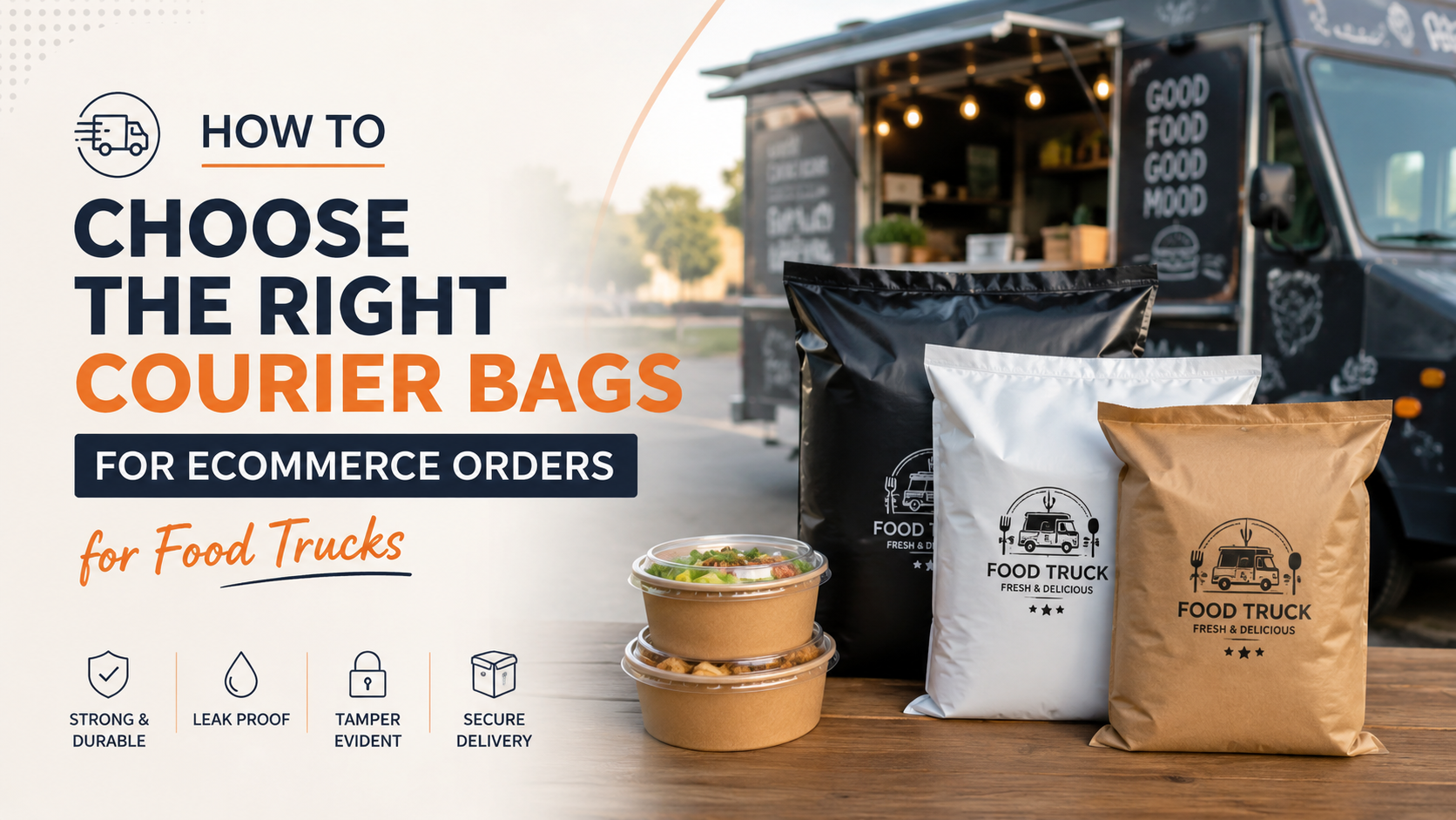 Courier bags for ecommerce food truck orders with secure packaging and takeaway containers.