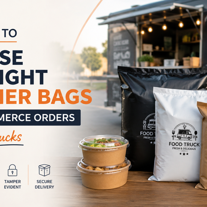 Courier bags for ecommerce food truck orders with secure packaging and takeaway containers.