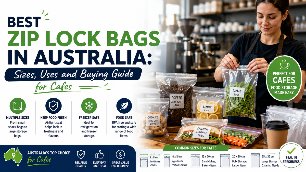 Zip lock bags filled with food items in a café kitchen, showcasing different bag sizes for food storage, meal prep, takeaway packaging, and commercial café use in Australia.