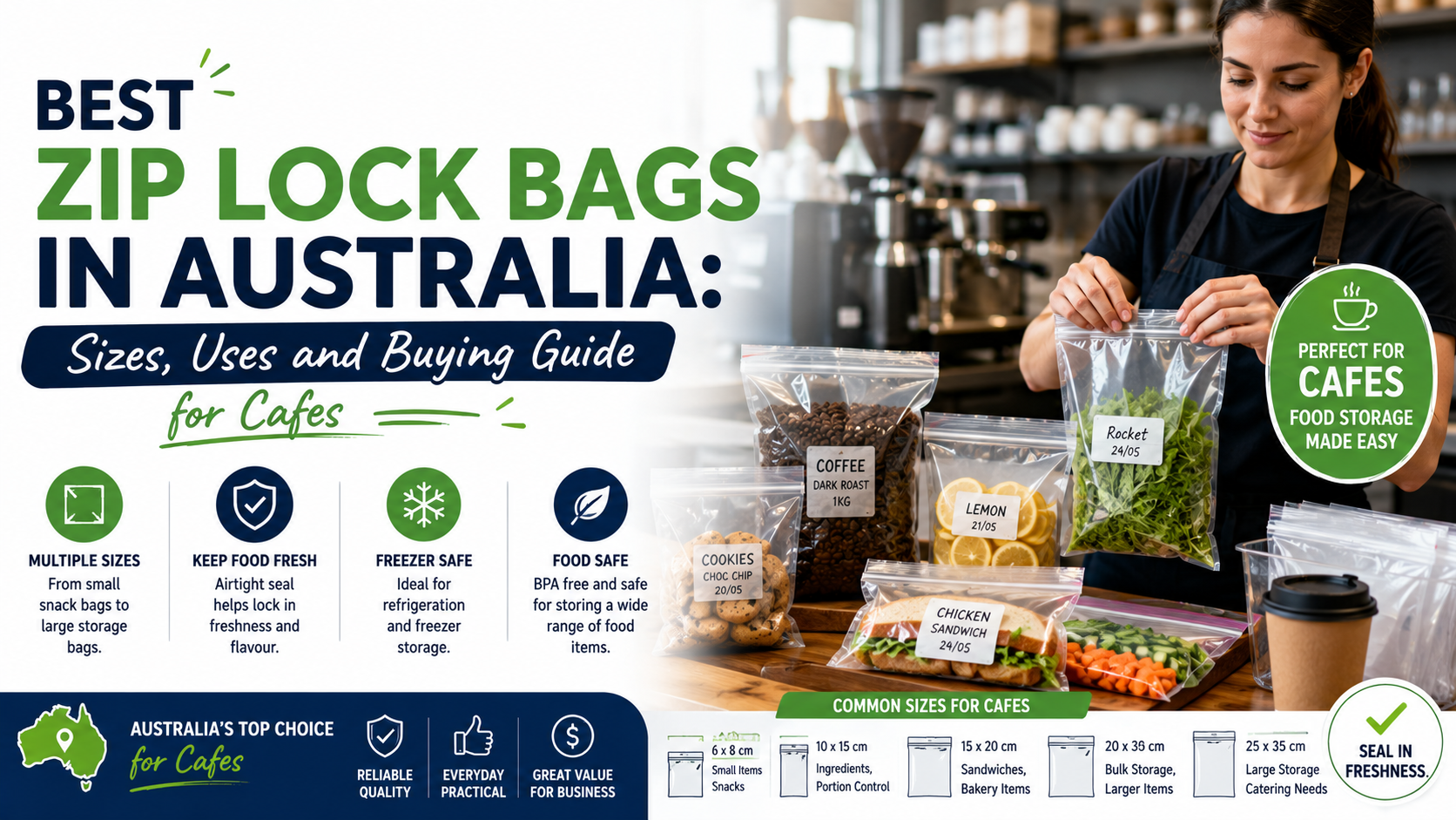 Zip lock bags filled with food items in a café kitchen, showcasing different bag sizes for food storage, meal prep, takeaway packaging, and commercial café use in Australia.