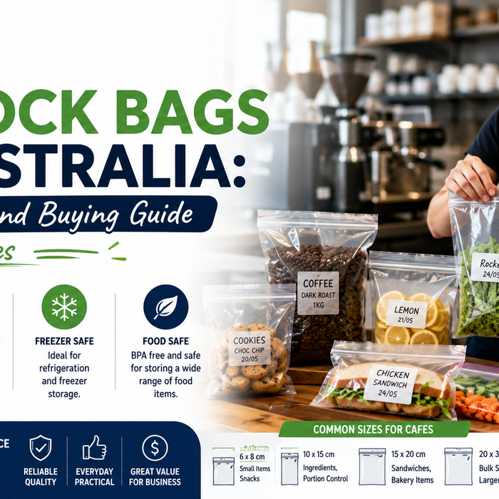 Zip lock bags filled with food items in a café kitchen, showcasing different bag sizes for food storage, meal prep, takeaway packaging, and commercial café use in Australia.
