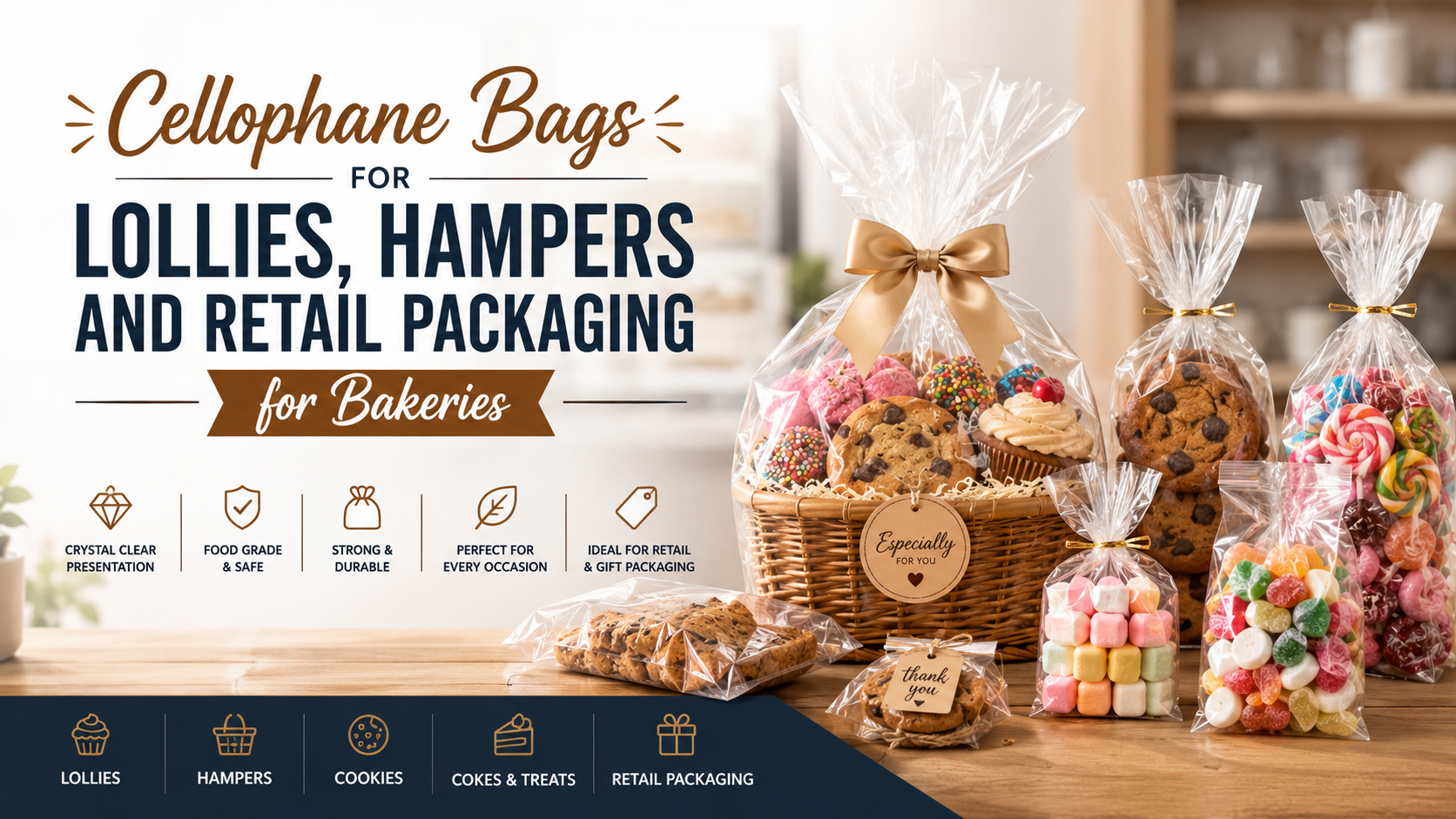 Clear cellophane bags filled with bakery treats, lollies, cookies, and gift hampers for retail packaging.