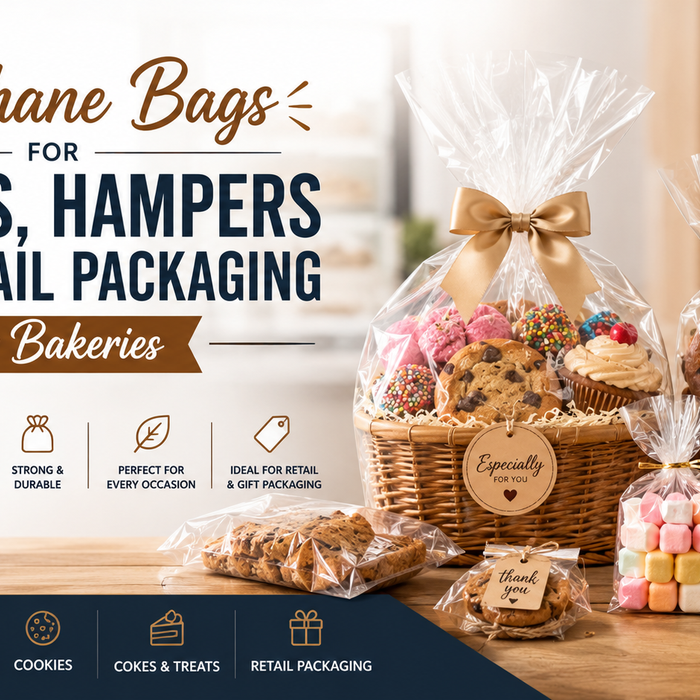 Clear cellophane bags filled with bakery treats, lollies, cookies, and gift hampers for retail packaging.
