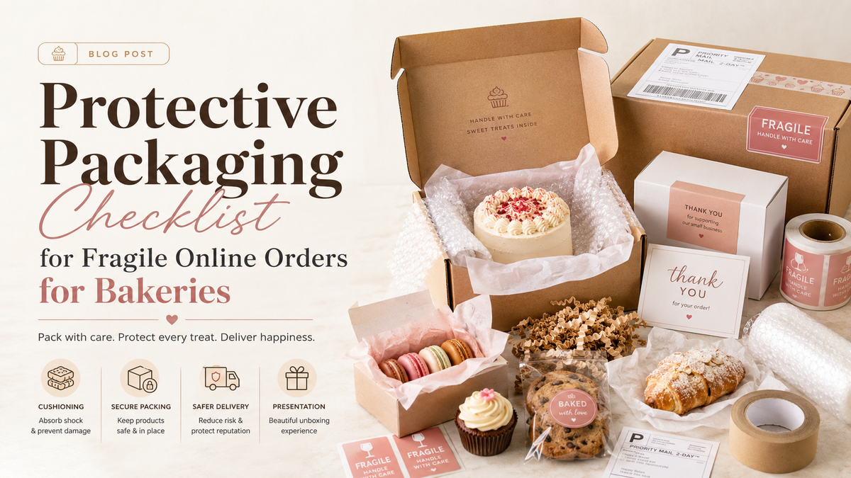 Protective packaging checklist for fragile bakery online orders, showing cakes, cookies, macarons and bakery boxes packed with cushioning and fragile labels.