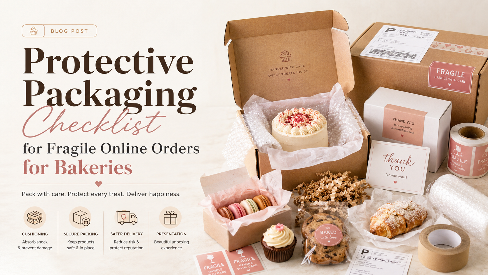 Protective packaging checklist for fragile bakery online orders, showing cakes, cookies, macarons and bakery boxes packed with cushioning and fragile labels.