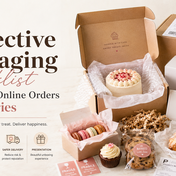 Protective packaging checklist for fragile bakery online orders, showing cakes, cookies, macarons and bakery boxes packed with cushioning and fragile labels.