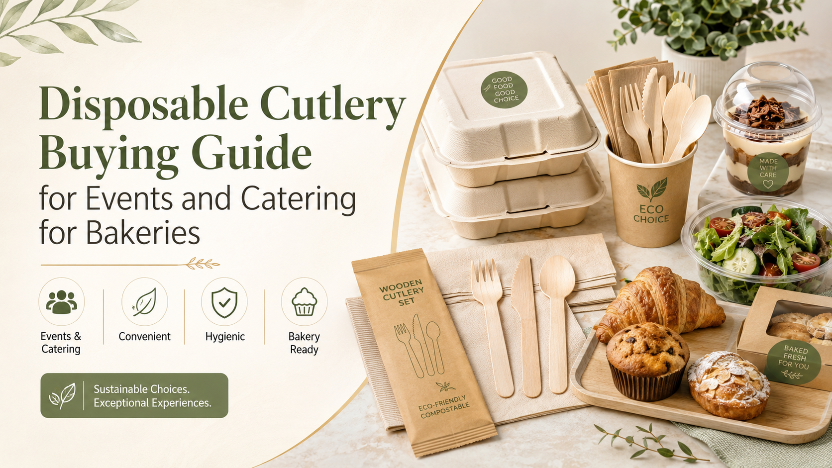 Disposable wooden cutlery with bakery takeaway containers, salads, desserts and pastries prepared for catering and events.