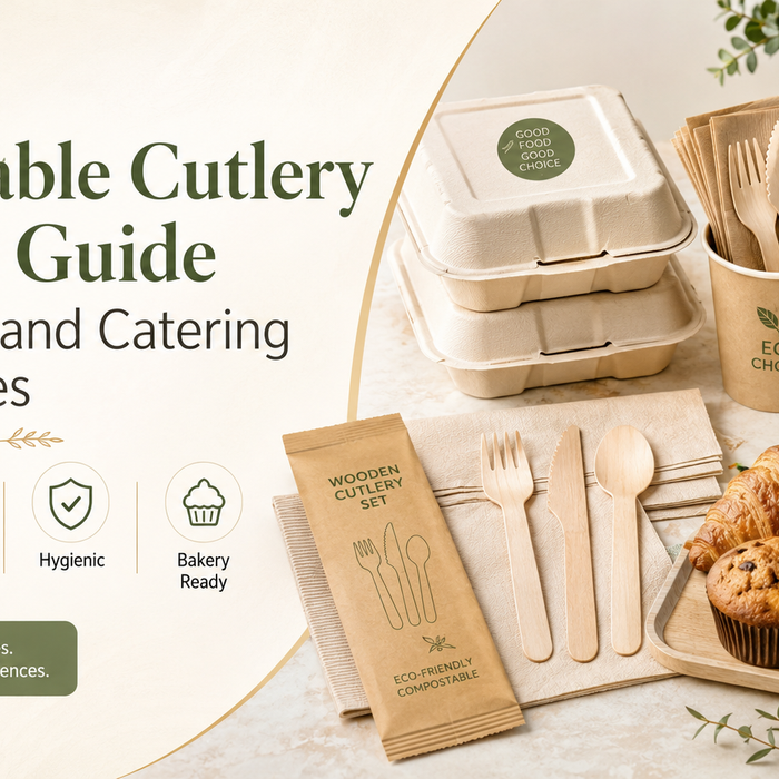 Disposable wooden cutlery with bakery takeaway containers, salads, desserts and pastries prepared for catering and events.