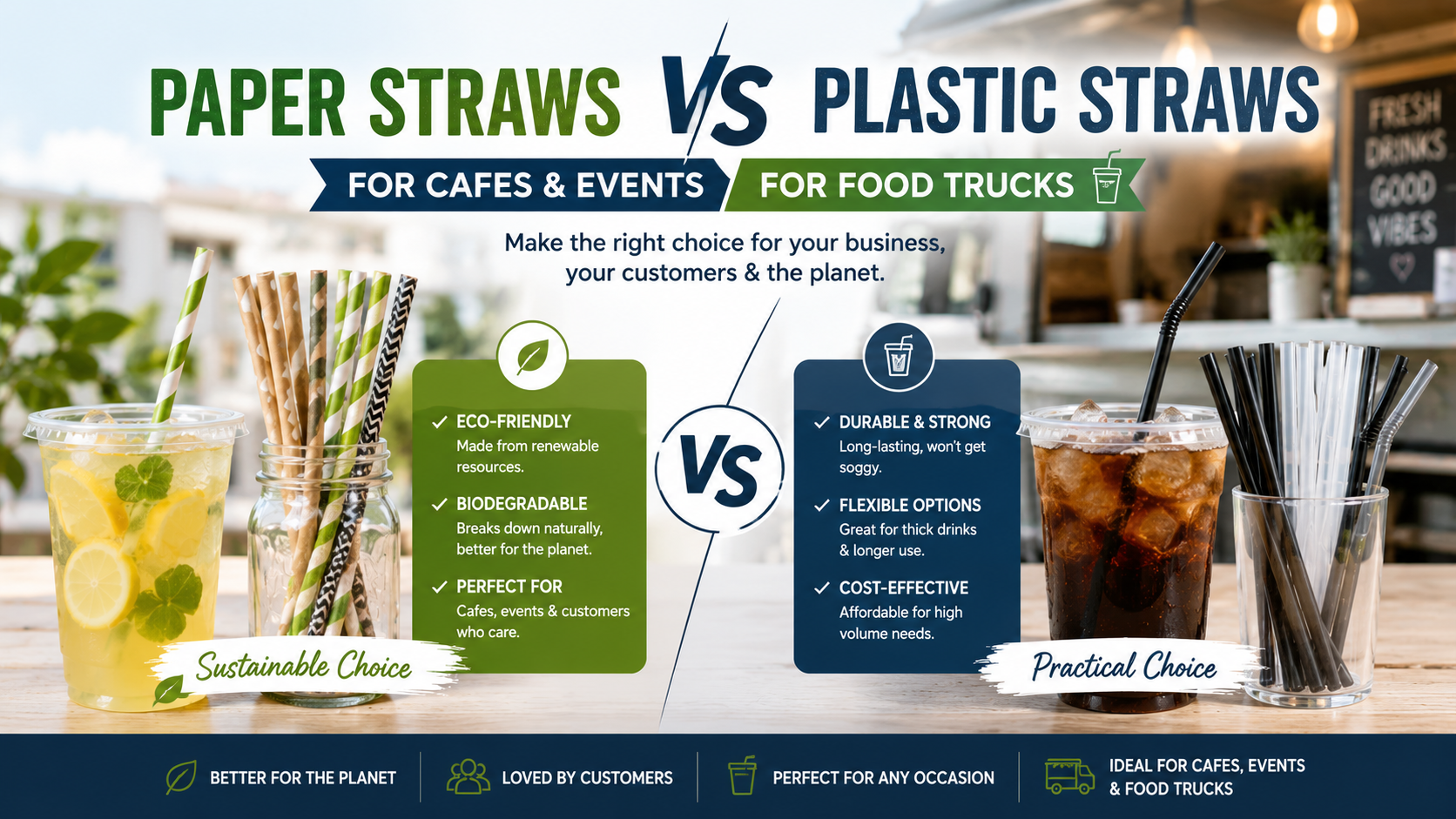 Assorted paper and plastic drinking straws displayed beside iced beverages for a food truck straw comparison guide.