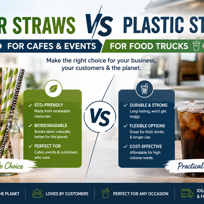 Assorted paper and plastic drinking straws displayed beside iced beverages for a food truck straw comparison guide.