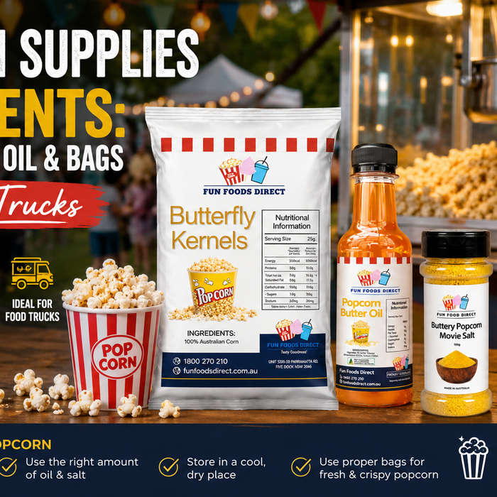 Premium popcorn ingredients and supplies including kernels, butter oil, movie salt, and serving bags for events in Australia.