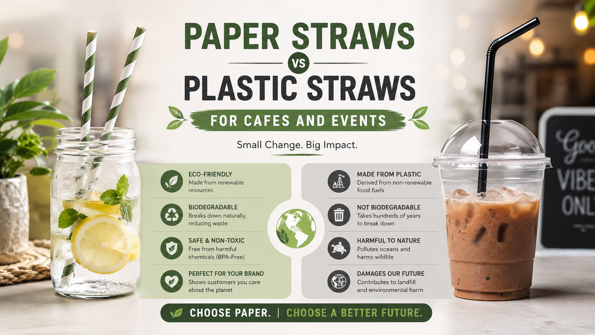 Modern cafe drinks with paper and plastic straws displayed sid