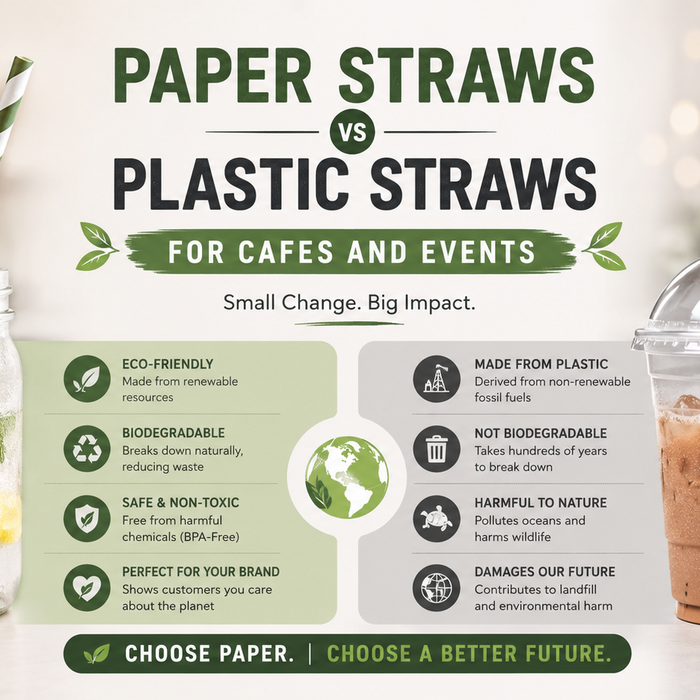 Modern cafe drinks with paper and plastic straws displayed sid