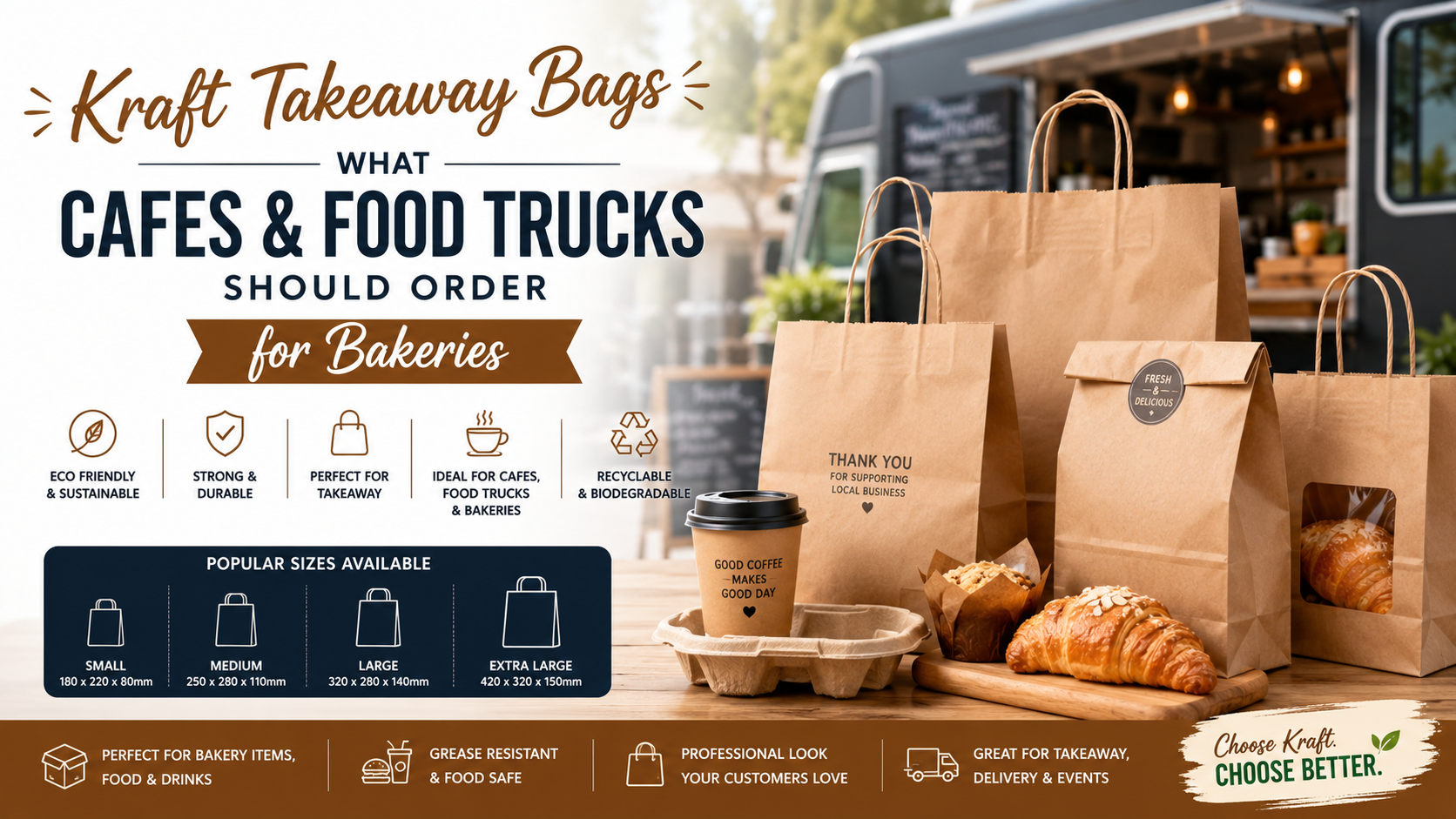 Brown kraft paper takeaway bags for bakery packaging, cafés, and food trucks with fresh baked goods.