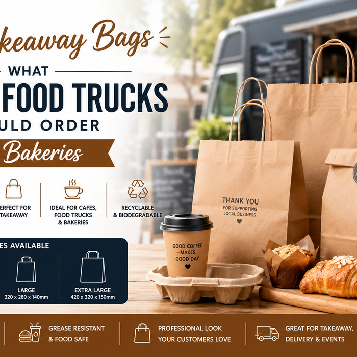 Brown kraft paper takeaway bags for bakery packaging, cafés, and food trucks with fresh baked goods.