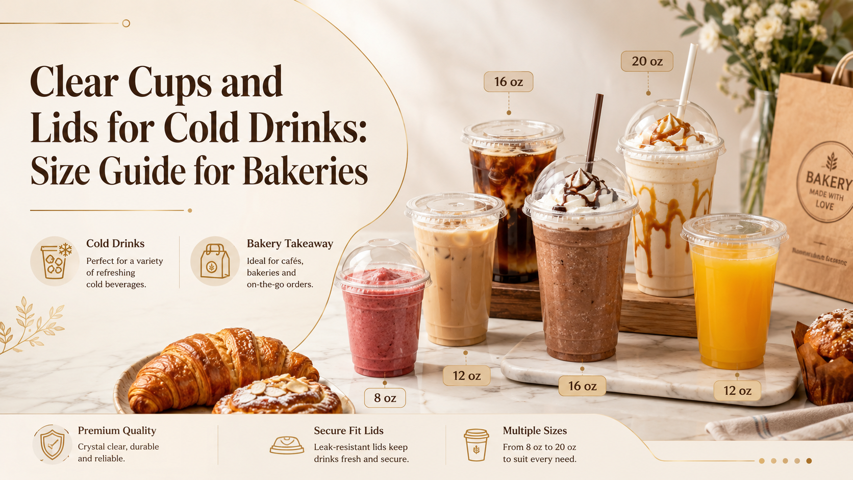 Clear cups and secure lids in multiple sizes for bakery cold drinks, including iced coffee, smoothies, juice and frappes.