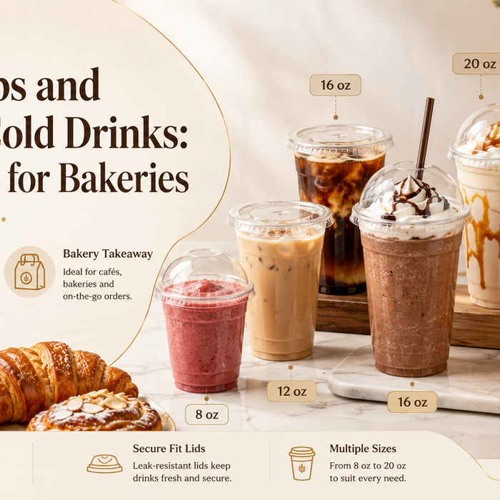 Clear cups and secure lids in multiple sizes for bakery cold drinks, including iced coffee, smoothies, juice and frappes.