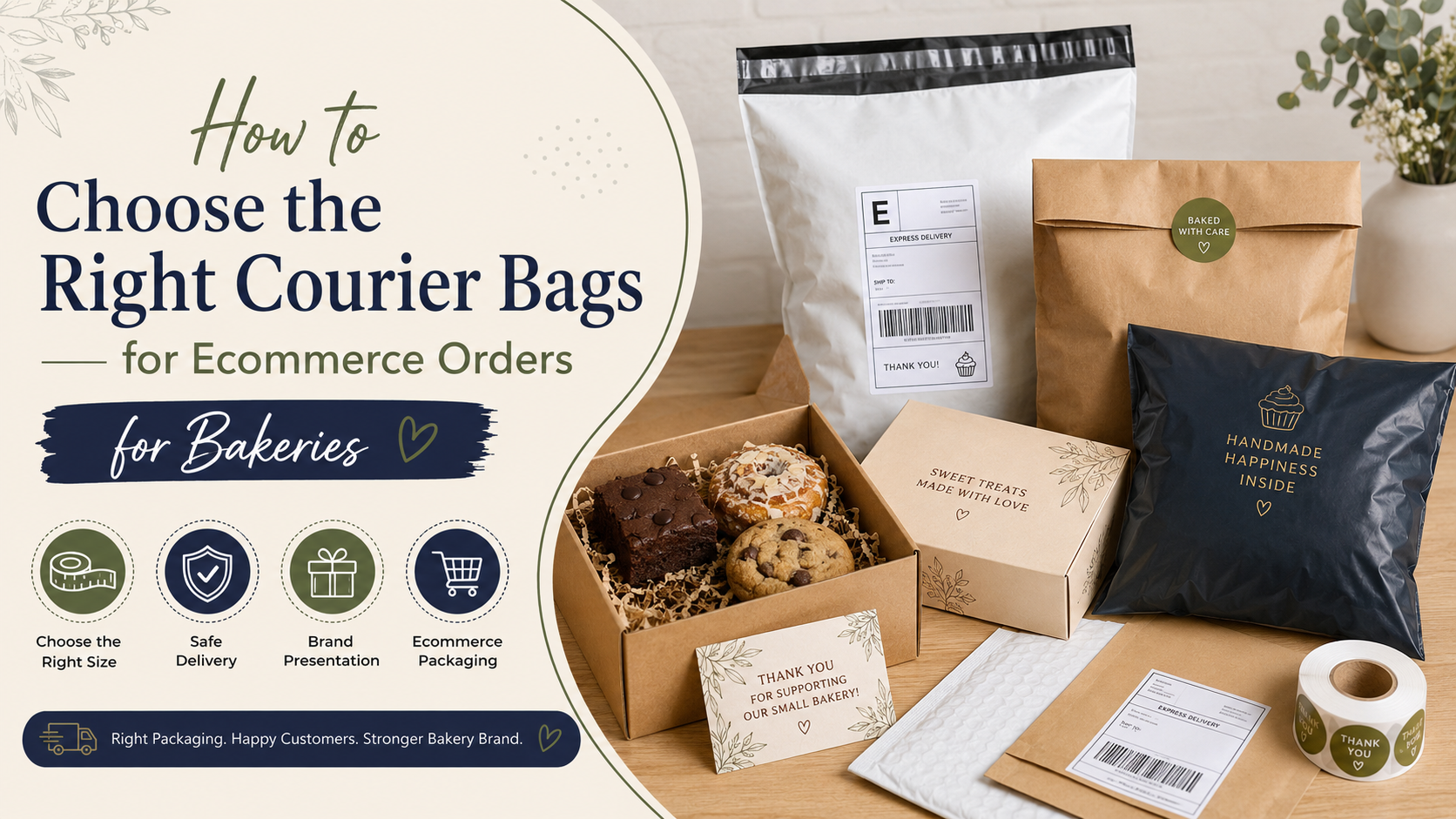 Bakery ecommerce orders packed in different courier bags, including white, kraft and black mailers with branded bakery boxes.
