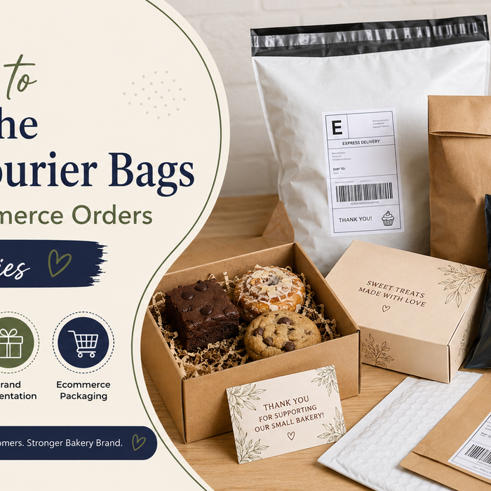 Bakery ecommerce orders packed in different courier bags, including white, kraft and black mailers with branded bakery boxes.