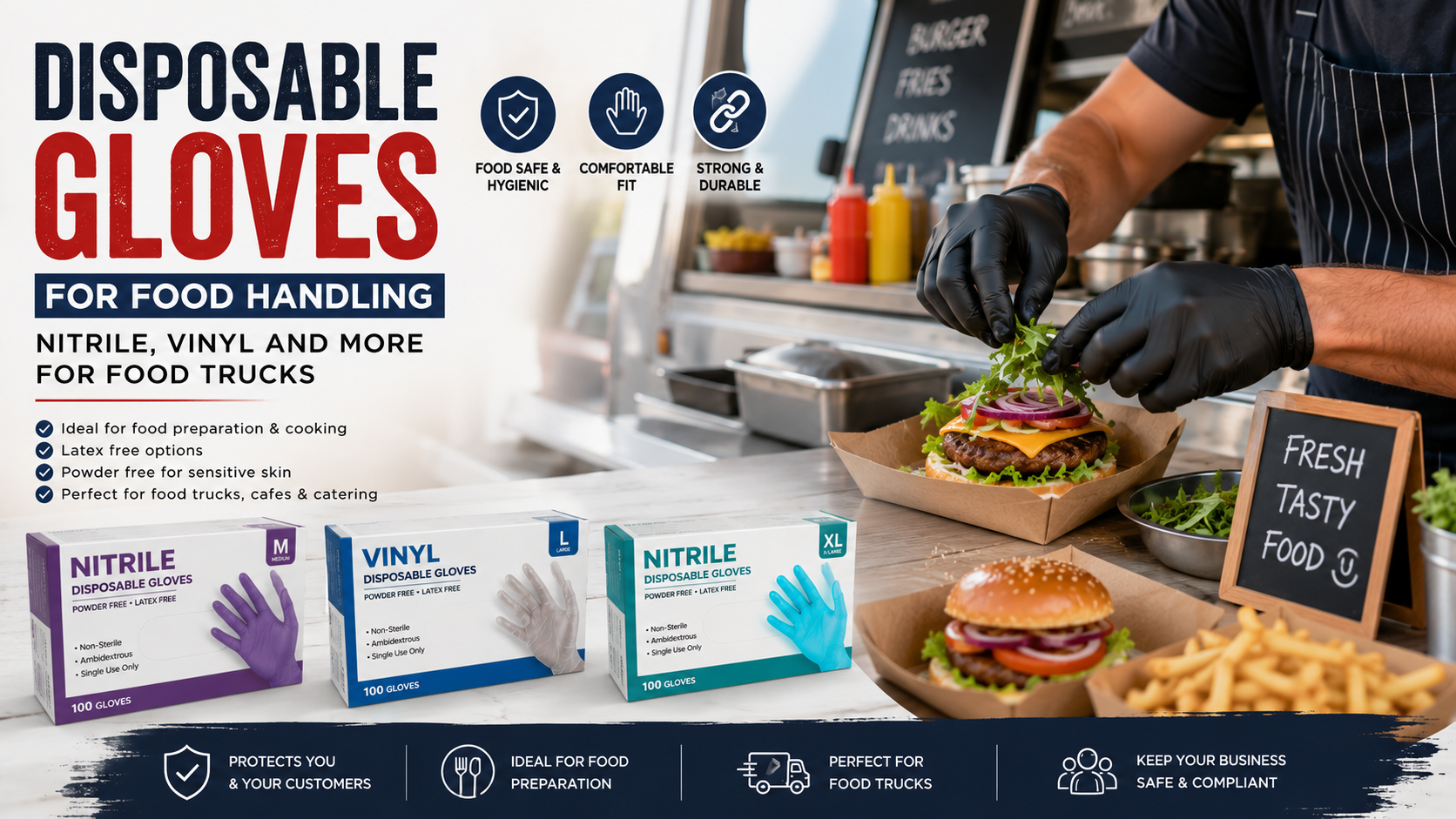 Nitrile and vinyl disposable gloves for hygienic food handling with burgers and fresh meal preparation.