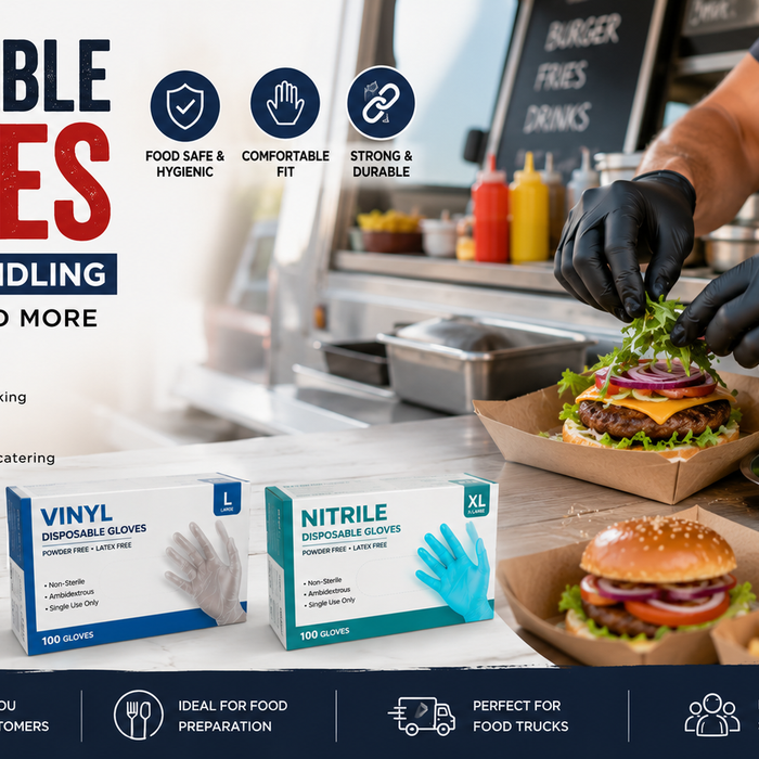 Nitrile and vinyl disposable gloves for hygienic food handling with burgers and fresh meal preparation.