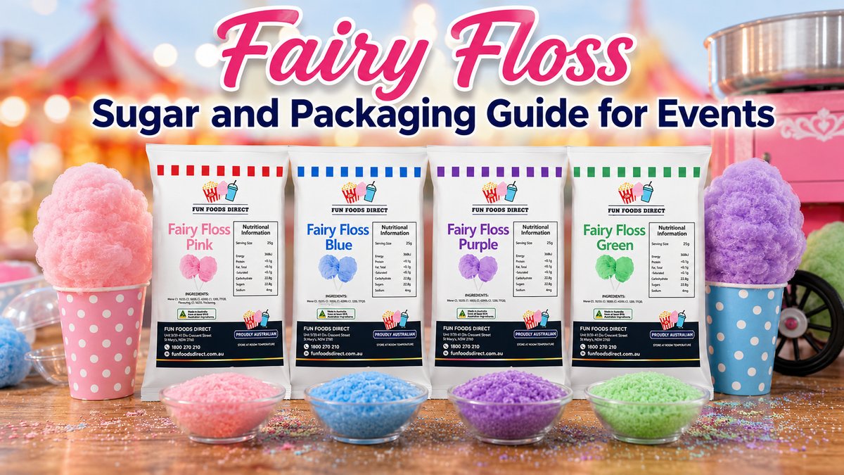 Fairy floss sugar and packaging products displayed with pink, blue, purple, and green cotton candy flavours for events and parties.