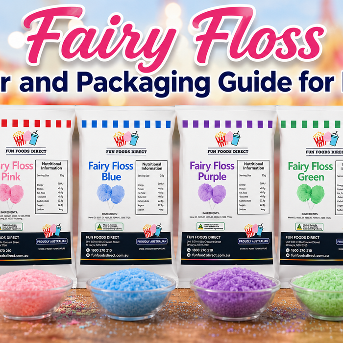Fairy floss sugar and packaging products displayed with pink, blue, purple, and green cotton candy flavours for events and parties.