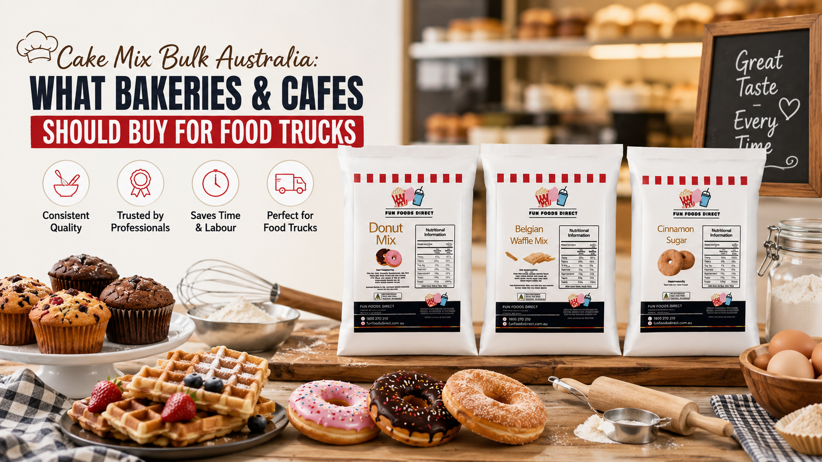 Bulk cake mix Australia for bakeries, cafés and food trucks with donut mix, waffle mix and cinnamon sugar packaging.