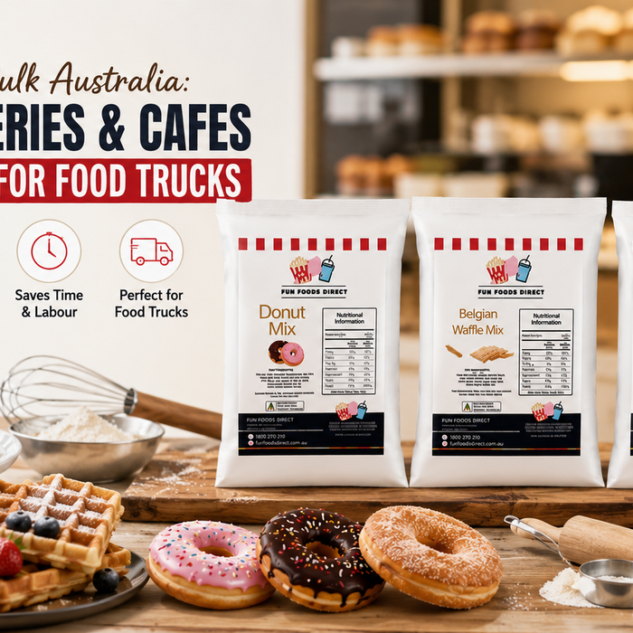 Bulk cake mix Australia for bakeries, cafés and food trucks with donut mix, waffle mix and cinnamon sugar packaging.