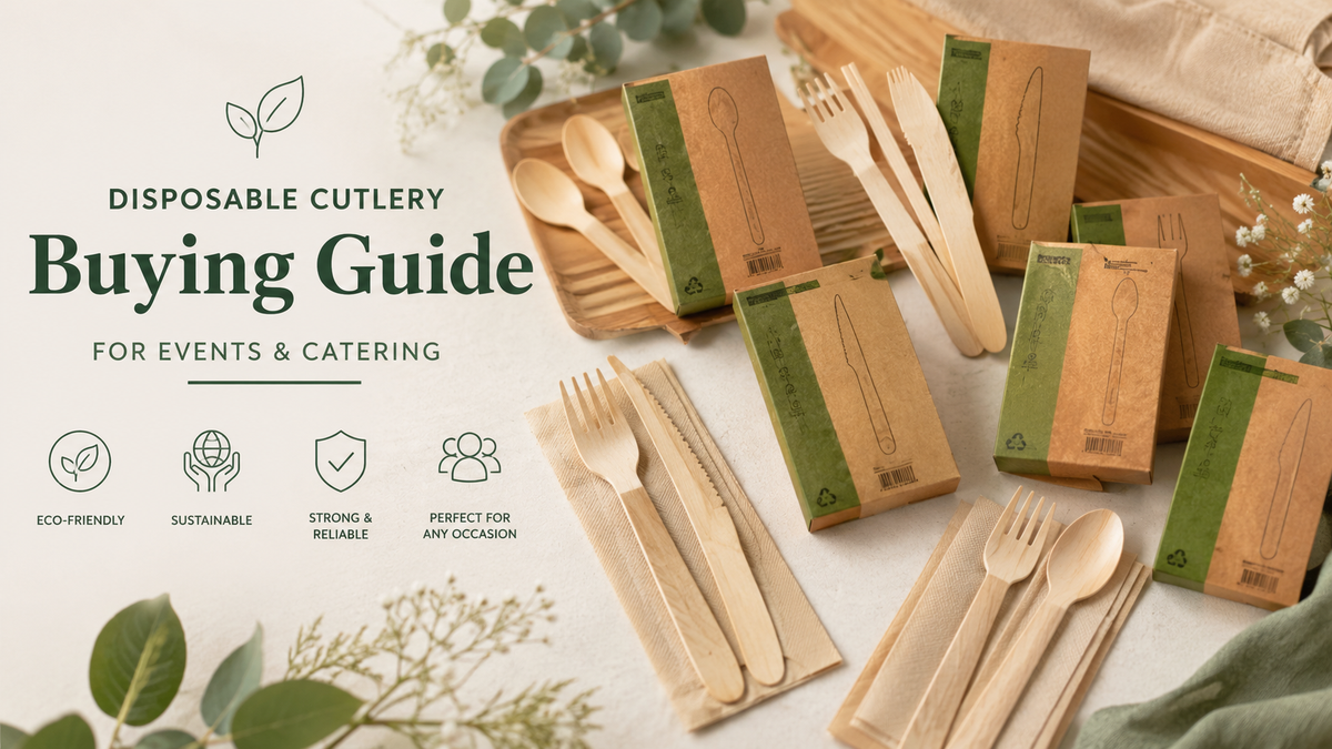 Eco-friendly wooden disposable cutlery arranged for catering and event table setup