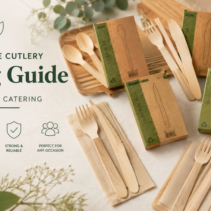 Eco-friendly wooden disposable cutlery arranged for catering and event table setup