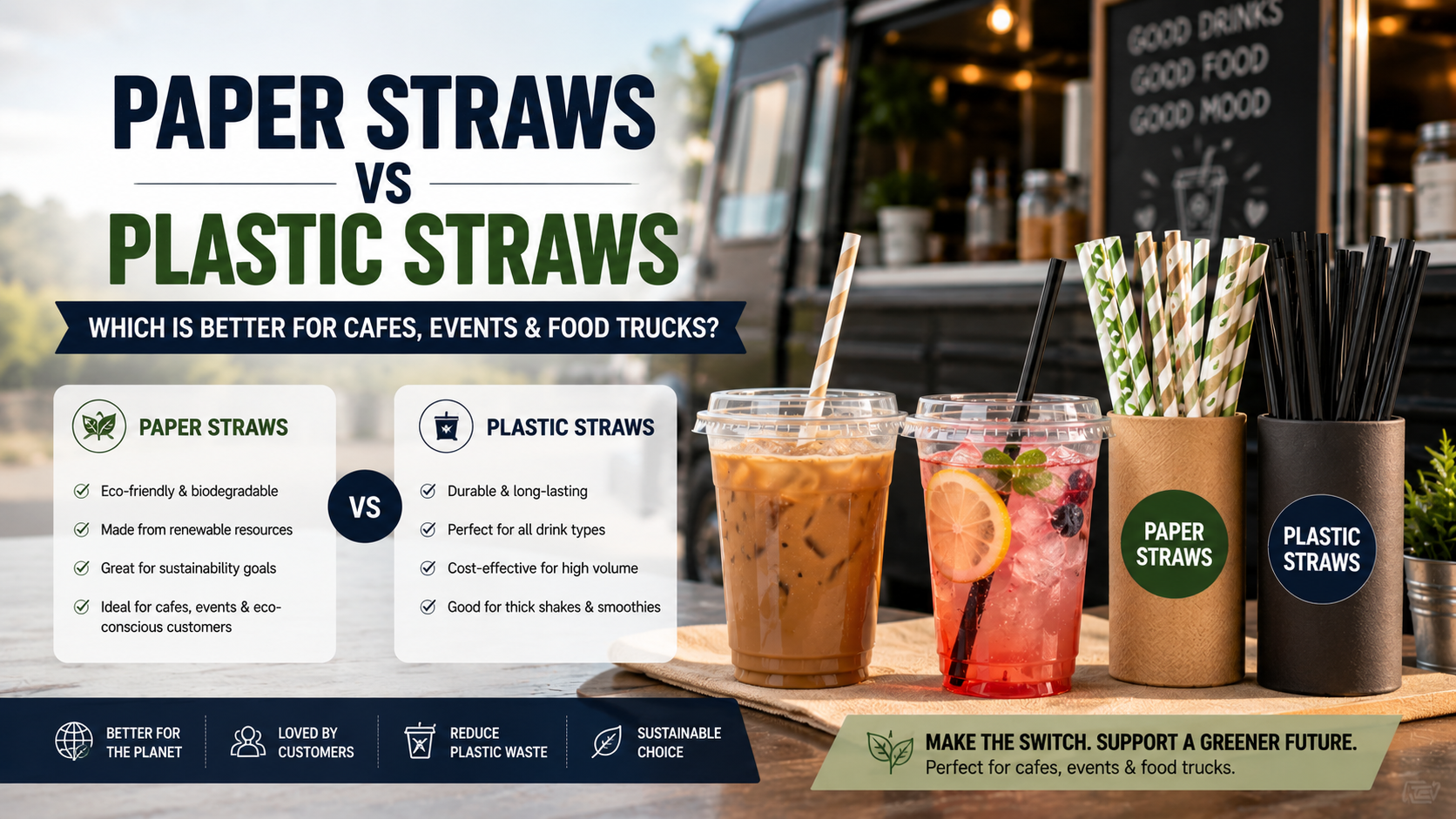 Assorted paper and plastic drinking straws displayed with cold drinks for food service packaging.