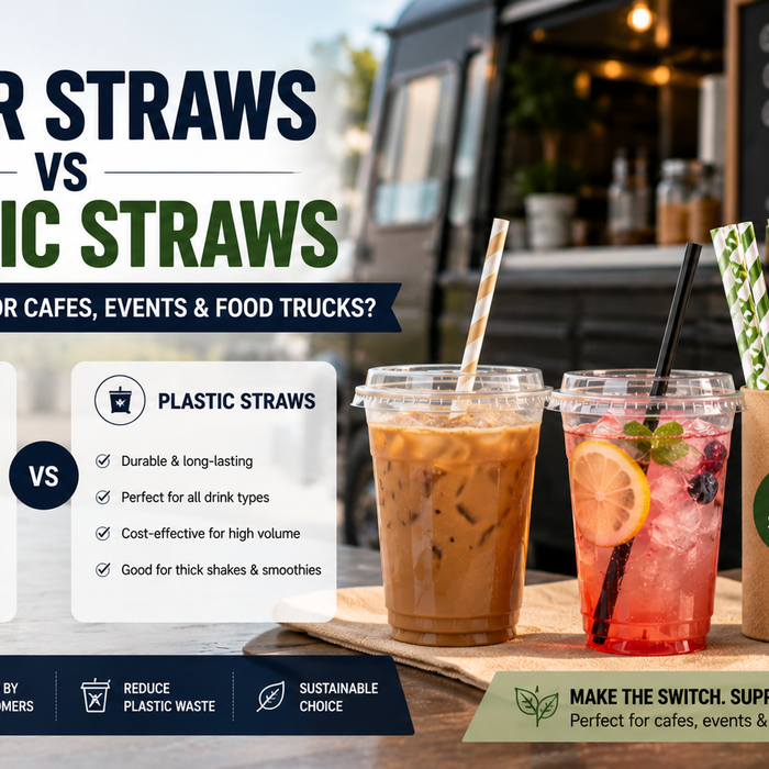 Assorted paper and plastic drinking straws displayed with cold drinks for food service packaging.