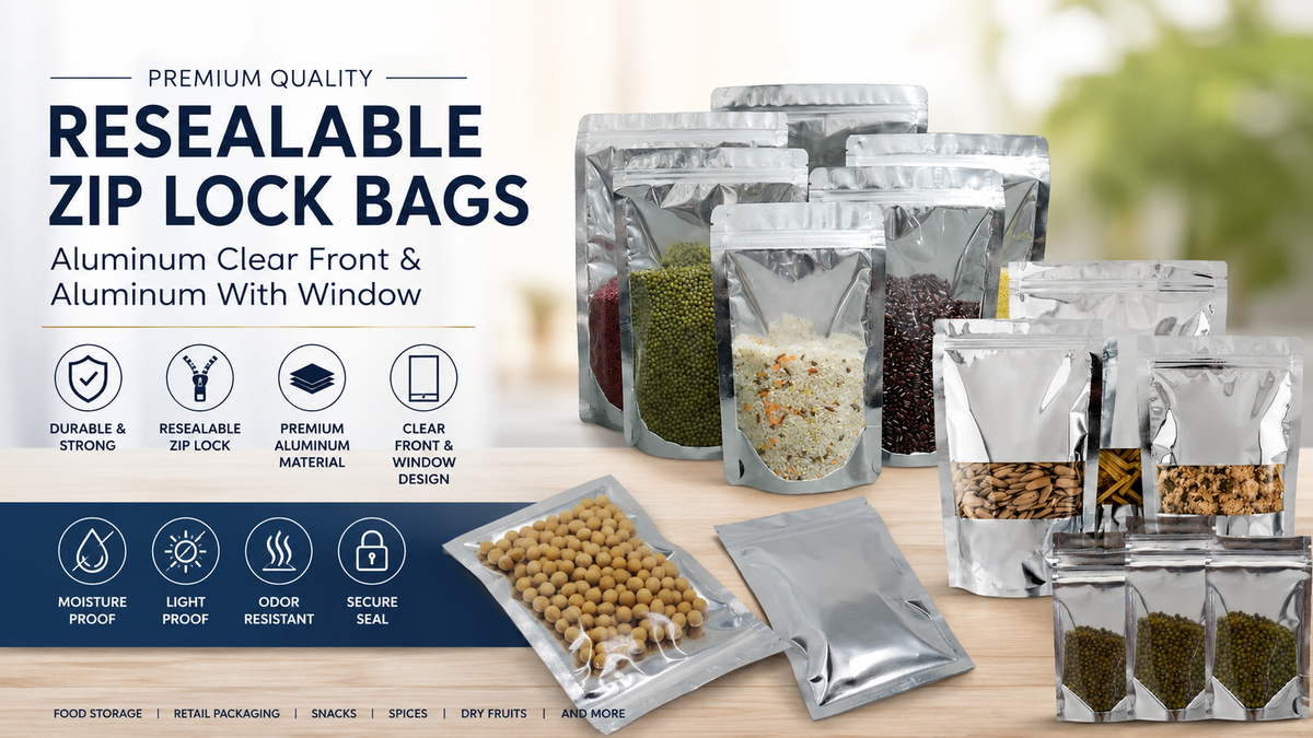 Premium resealable aluminum zip lock bags with clear front and window design for food packaging, snack storage, coffee, spices, dry fruits, and airtight moisture-proof retail packaging solutions.