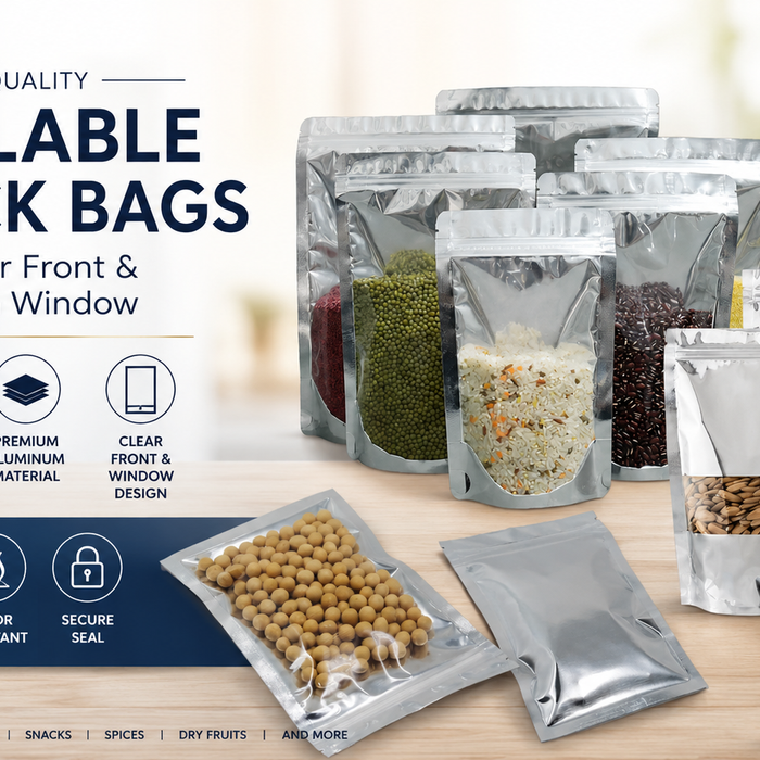 Premium resealable aluminum zip lock bags with clear front and window design for food packaging, snack storage, coffee, spices, dry fruits, and airtight moisture-proof retail packaging solutions.