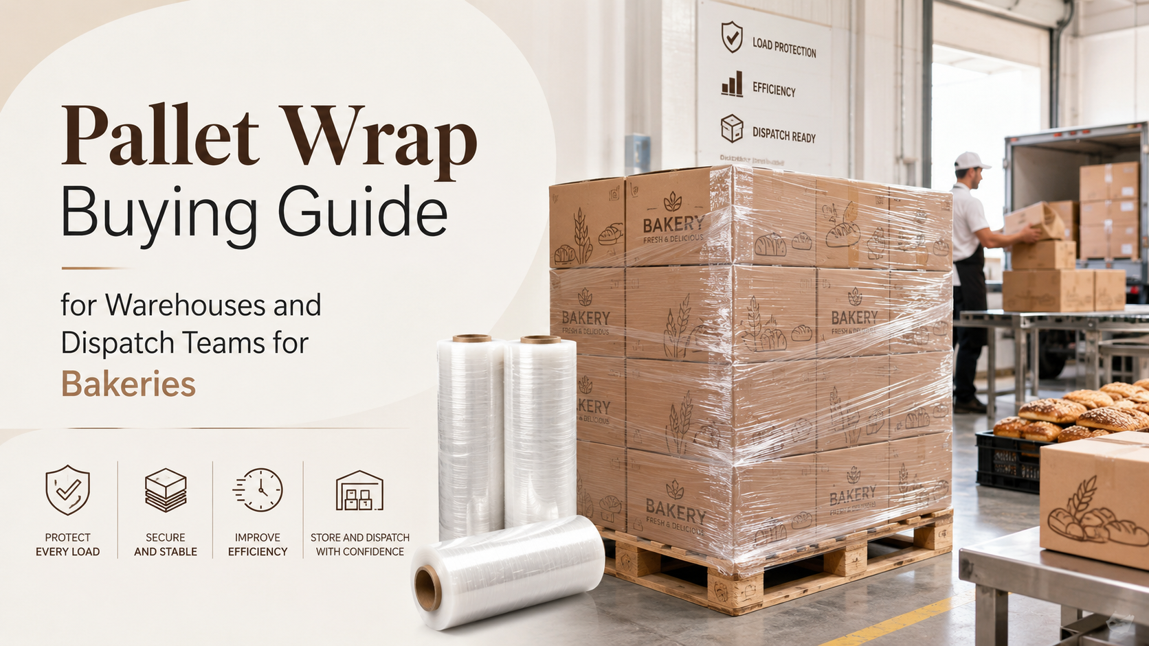 Pallet wrap buying guide for bakeries showing wrapped pallets, warehouse storage and dispatch-ready bakery cartons.