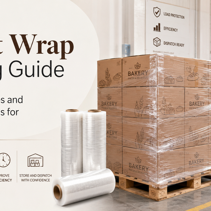 Pallet wrap buying guide for bakeries showing wrapped pallets, warehouse storage and dispatch-ready bakery cartons.